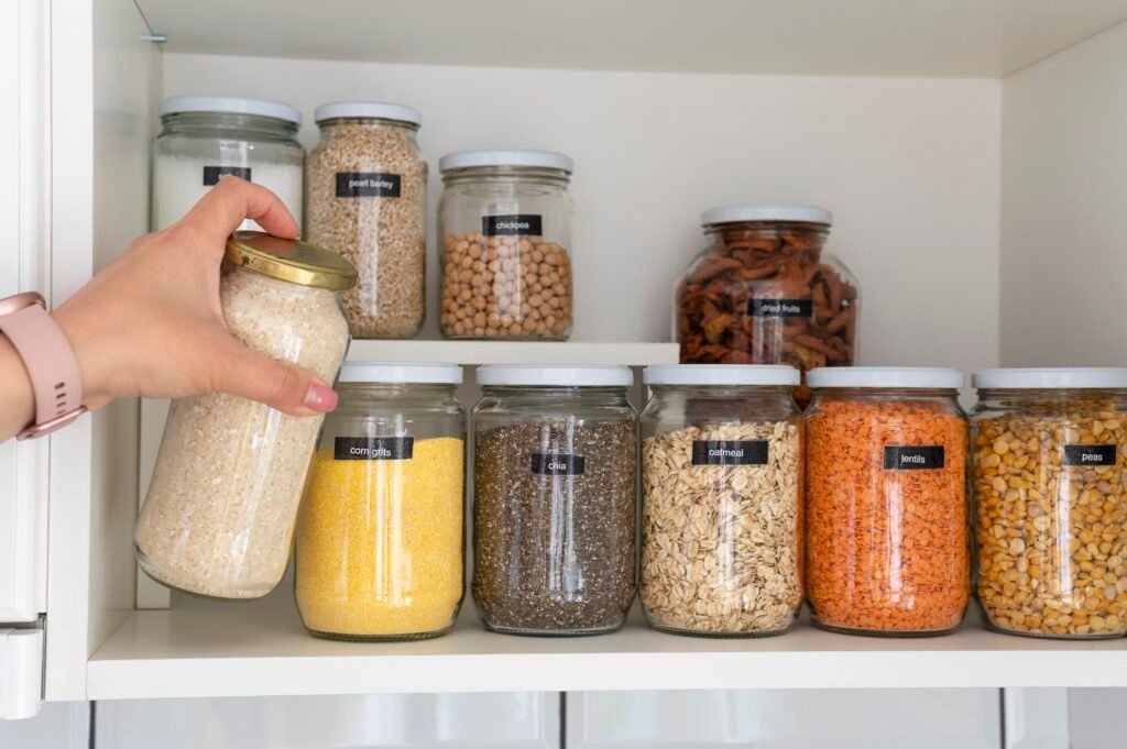 Imagem com armários de cozinha organizados com prateleiras empilháveis e suportes para tampas, xícaras e temperos.